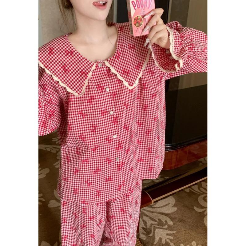 New Seasonal Nightwear for Women: Cardigan-Style Checked Pinafore-Neck Long-Sleeved Pyjamas with Trousers – Homewear Set