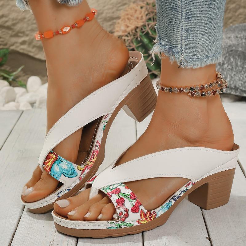 One-word Sandals Large Size Summer Thick Heel One-word Belt Fashion Printing High-heeled Sandals Women