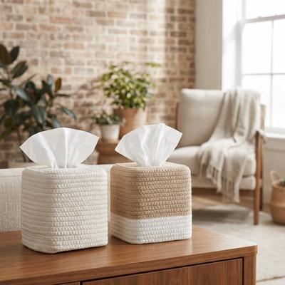 Estante de Almacenamiento Caja de Pañuelos Tejida Rústica Cuadrada Tejida a Mano Minimalista Caja de Pañuelos Hilo de Algodón Portarrollos Decorativo Oficina