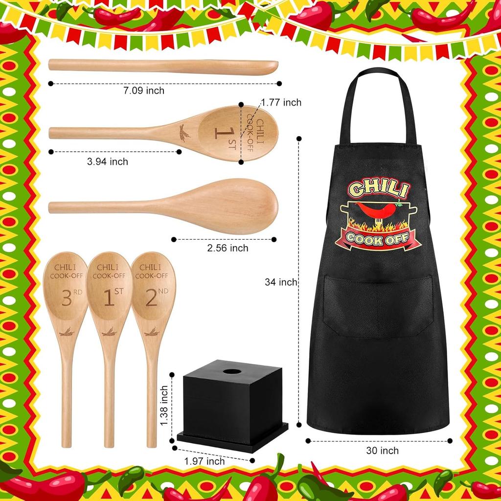 Quelay 12 Pcs Chili Cook Off Prizes Include 3 Cook Off Trophy 3 Wooden 1st 2nd 3rd Engraved Spoon 3 Kitchen Cooking Aprons 3 Chili Keyring for Men