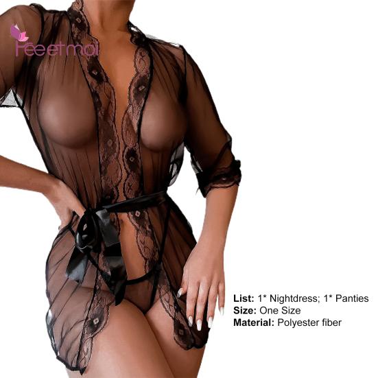 LadyLace Up Otevřená přední G-string Tanga Sleep Colthes Černá Sexy Wear Mesh Květinová Krajka Sexy