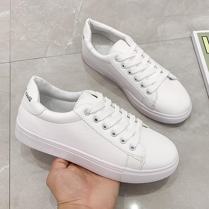 White shoes new versatile lace-up spring and autumn leisure sports flat bottom fashion solid color white shoes