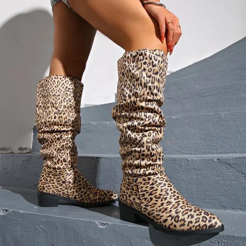 2024 High Quality Women's Shoes Slip-on Women's Boots Leopard Print Modern Boots Women Winter Plus Size Knee-High Boots