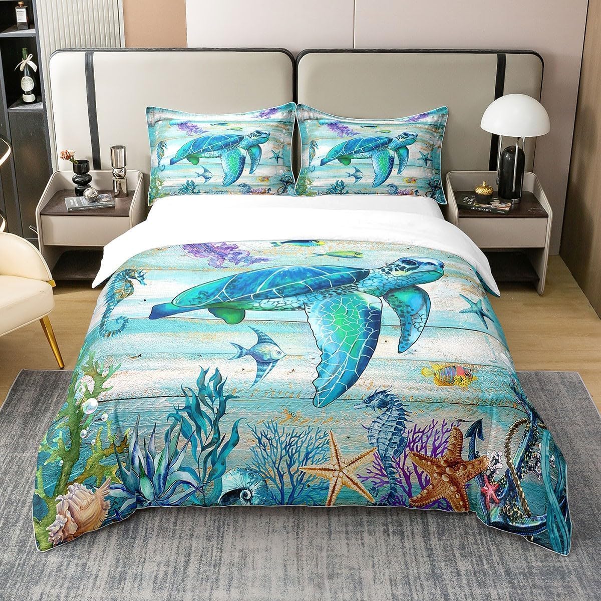 

Turtle Bedding Set Microfiber Teen Bedding Light Blue Cute 3D Set for Small Double 3Pcs, Turtle Duvet Cover Set with Zipper 90x200cm-2pcs