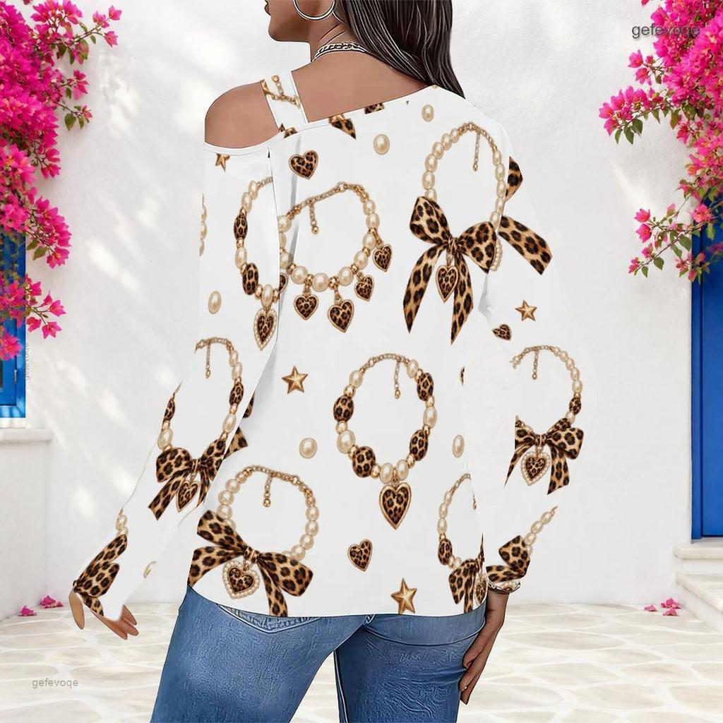Women Plus Size Asymmetric Cutout Neck Cold Shoulder Long Sleeve Lipstick Leopard Print White Fitted Top