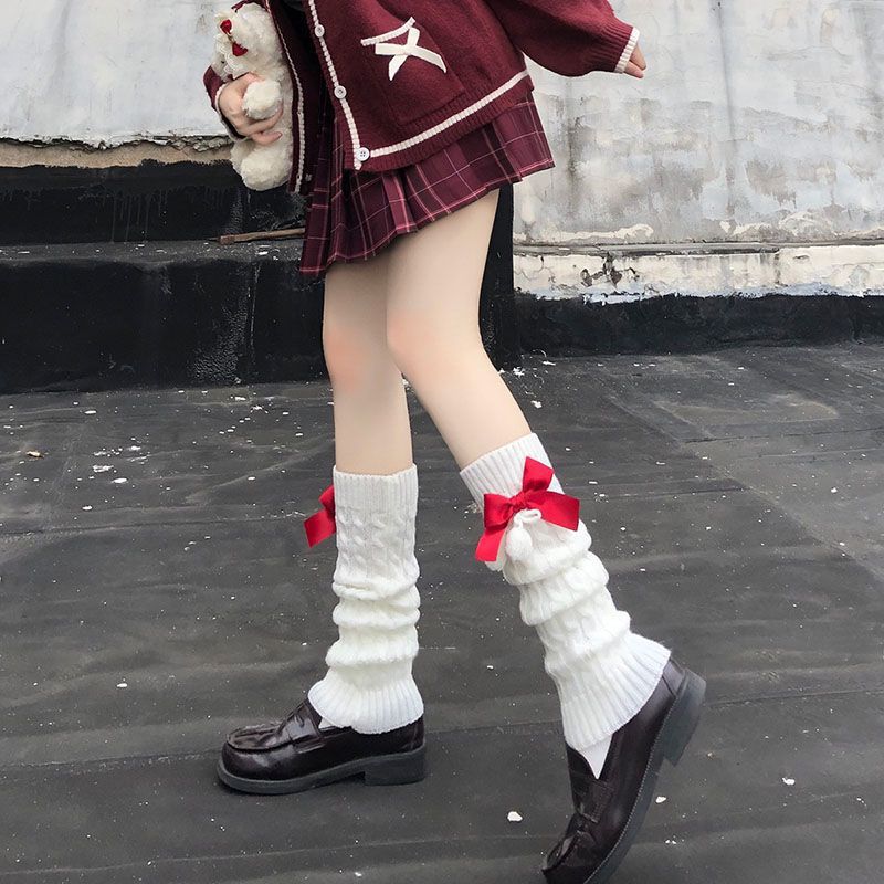 Ladies Autumn and Winter Style Warm Lovely Bow Knitted Hairball Calf Pile Stocking