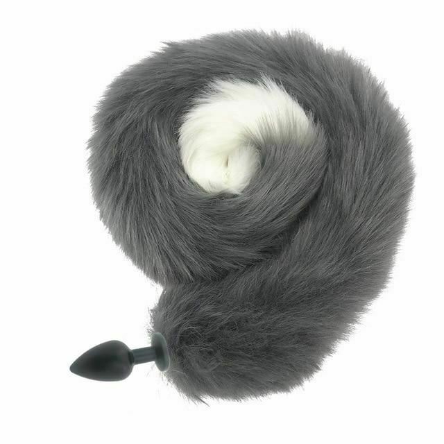 80Cm Long Grey White Fox Tail Cosplay Anal Butt Plug  Pet Play Butt Plug Tails