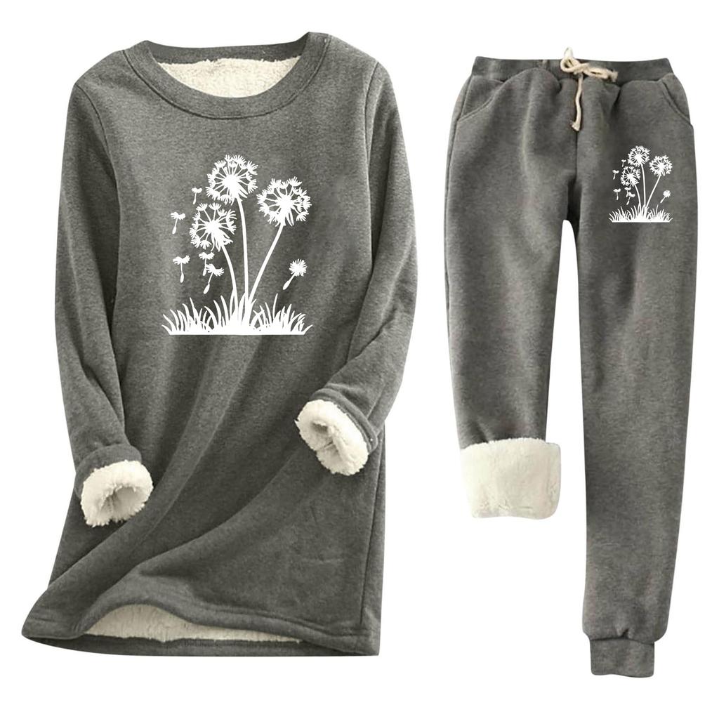 Women's Print Round Neck Warm Suit Long Sleeve Fleece Drawstring Sweatpants Two-Piece Set