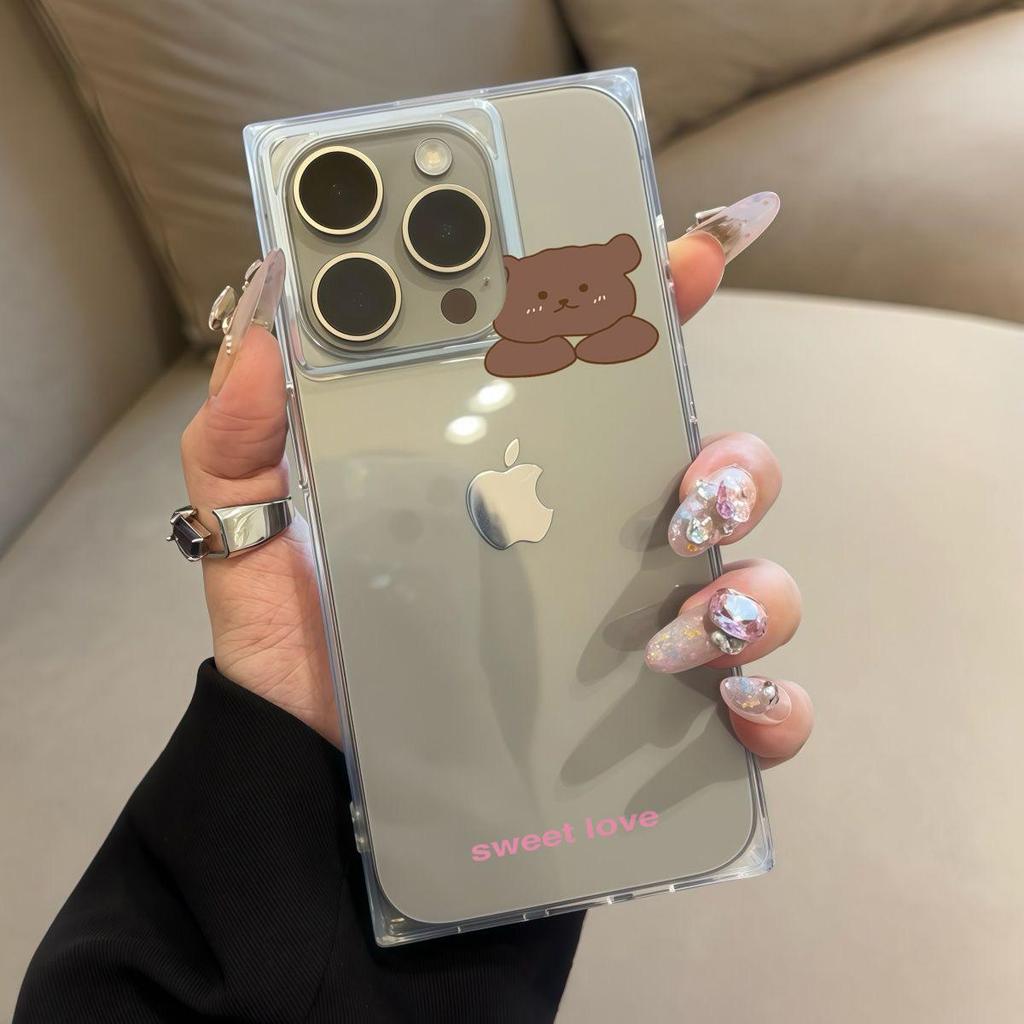 Clear Square Back Tube Case Protection For iPhone 14 Pro Max 11 13 15 Plus 16 ProMax 12 Anti-Oxygen,Love Teddy Bear Pattern Casing