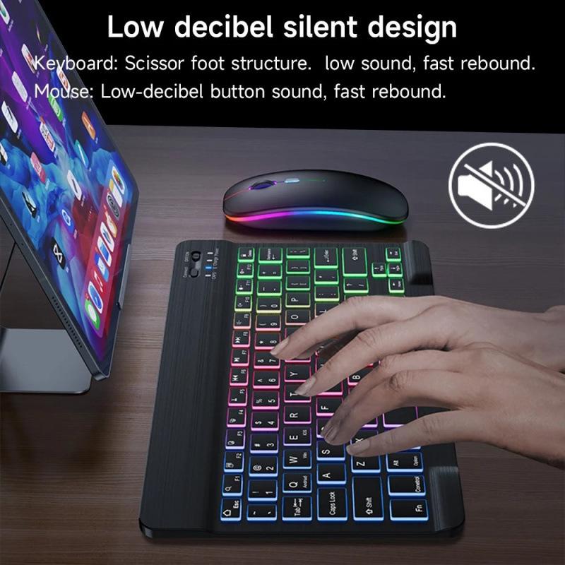 Russian Backlit Bluetooth Keyboard and Mouse, Compatible with iPad, Phones, Tablets, featuring Spanish and Arabic Layout with Seven-Color Lighting.