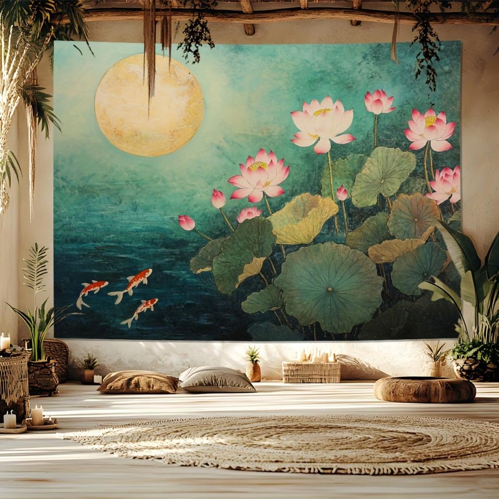 1pc Serene Moonlit Lotus Koi Fish Tapestry Vibrant Wall Hanging for Living Room Bedroom or Party Decor Polyester No Elec