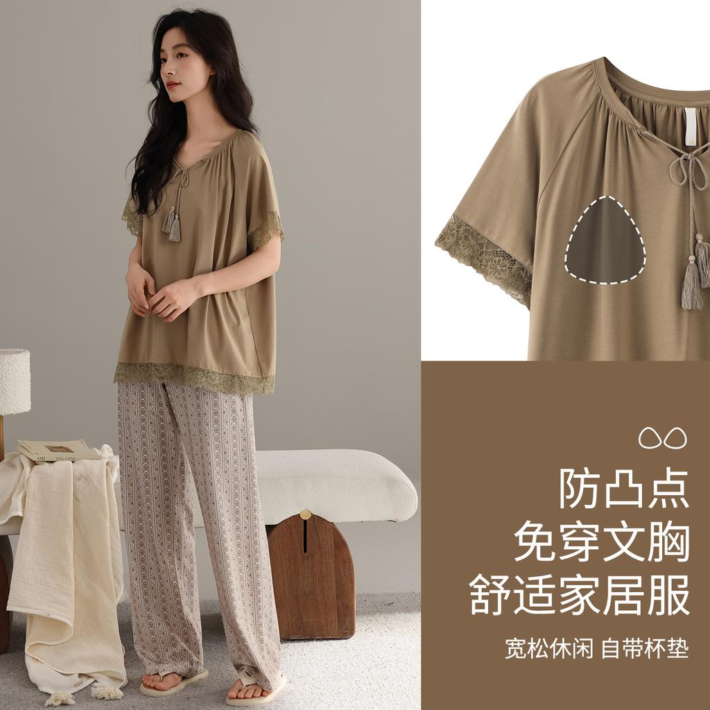 Pajamas with Chest Pads Women's Summer 1011 New Lyocell Cotton Short-sleeved Trousers Tencel Cotton Cool Soft Loungewear