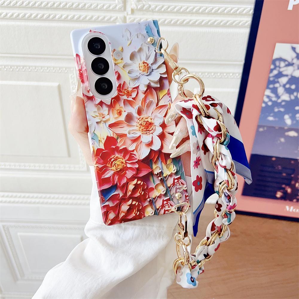 Relief Flower Phone Case For Samsung Galaxy Z Fold 7 5G Scarves Bracelet Hand Strap Protective PC Hard Shell Fold7 Back Cover
