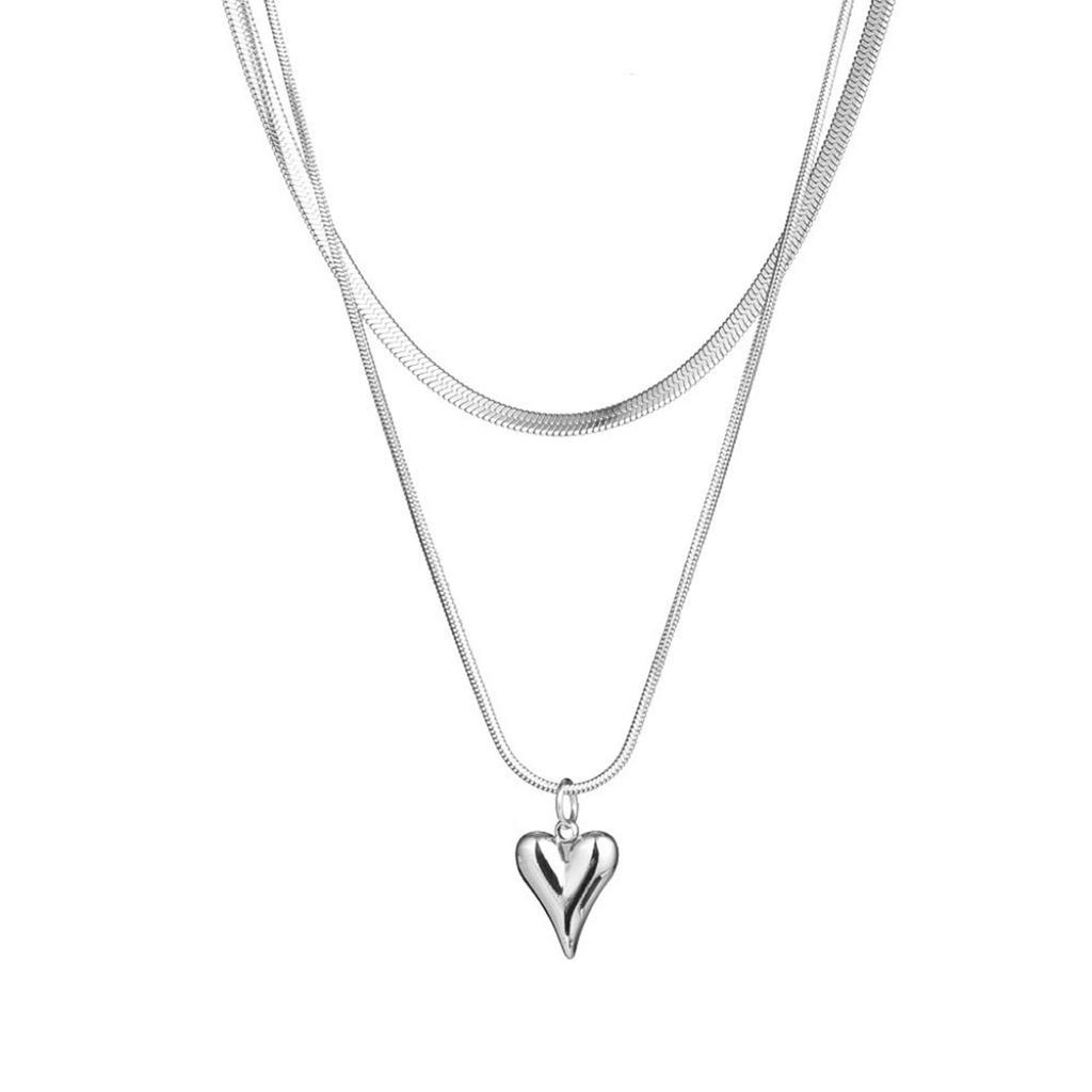 Double Layer Necklace Elegant Stainless Steel Heart Pendant Choker Charm Adjustable Collar Chain Jewelry for Daily Wear