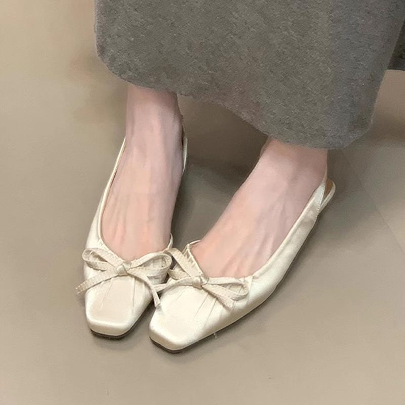 Satin wedged back strap women's shoes summer 2025 new square head bow wrinkled niche bag head sandals women