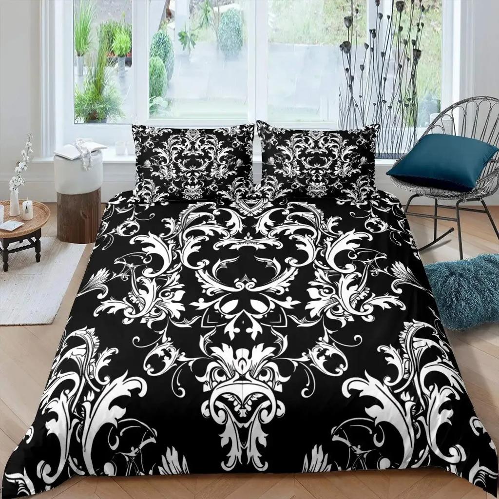 Adults Black Damask Duvet Cover Set King,Antique Victorian Baroque Bedding Set Gothic Vintage Floral Bohemian Exotic Quilt Cover