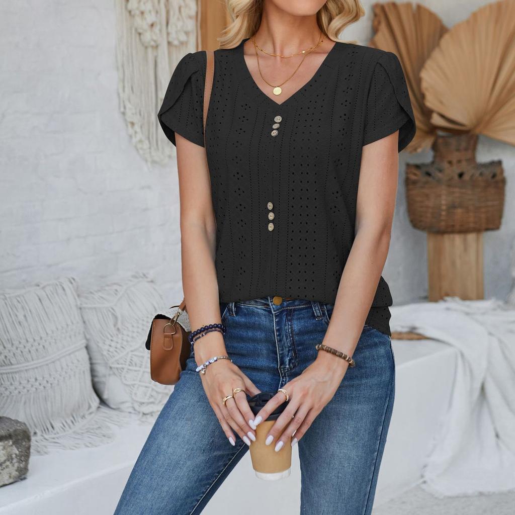 Women's Fashion V-neck T-shirt Court Lock Hollow Short-sleeved Casual Tops