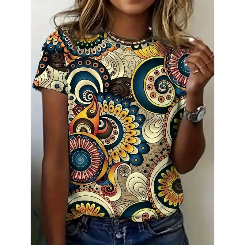 Modisches Damen Rundhals Kurzarm 3D Lässiges Farbprint Lässiges Kurzarm Rundhals T-Shirt