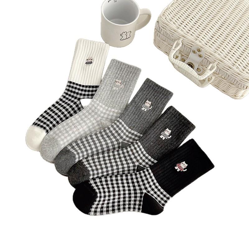 Koťátko Výšivka Kreslený Kostkovaný Středně dlouhé Dámské Ponožky - Preppy Styl Japonské Kostkované Pruhy pro Podzim/Zimu