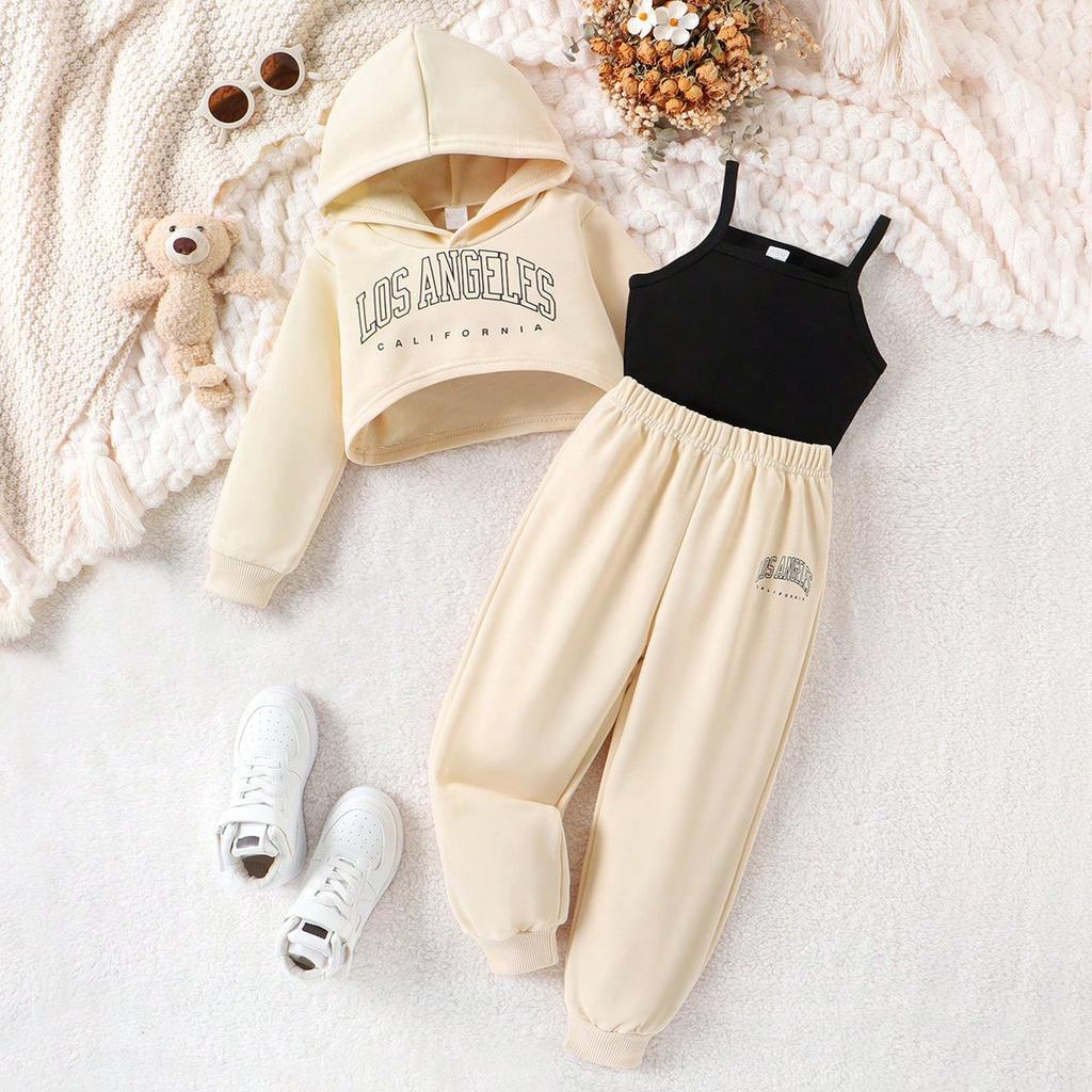 Girls Fashion Set Autumn and Winter Children's Casual Sports Printed Hoodie Solid Color Halter Pants Three-piece Set