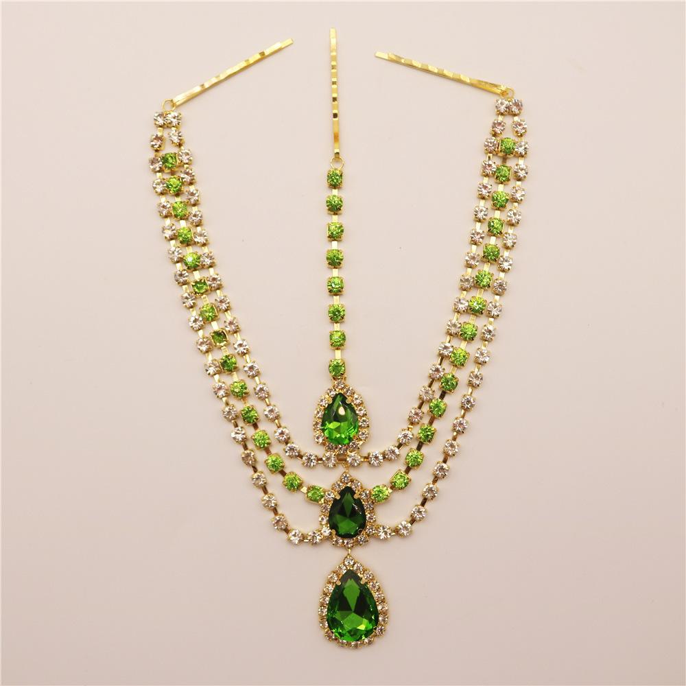 Hot Sale Emerald Water Drop Pendant Forehead Lace Women Elegant Fashion Multi-Layer Drill Head Chain Hair Accessories