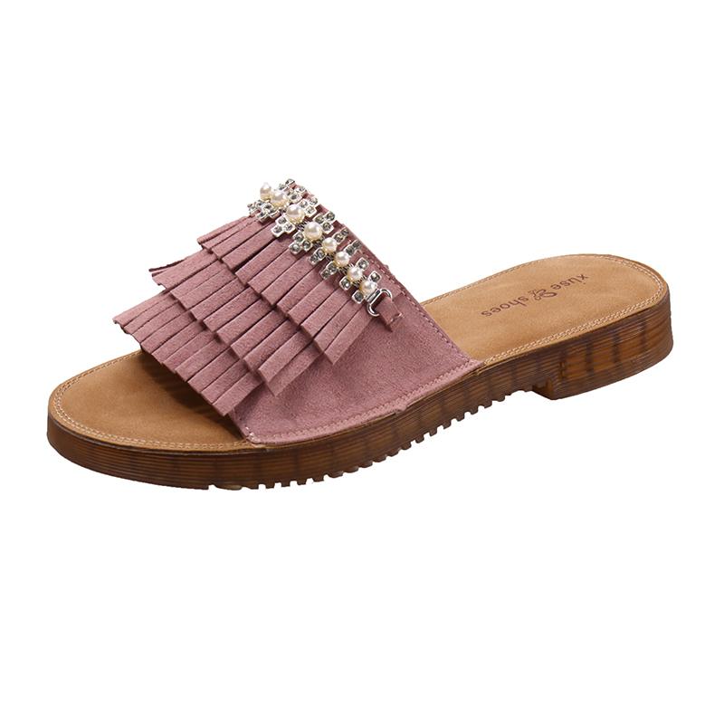 Fashion Pearl Retro Fashion Tassel Flip Slippers Women Summer Outside Wear Casual Flat Comfortable Slip-on Slippers