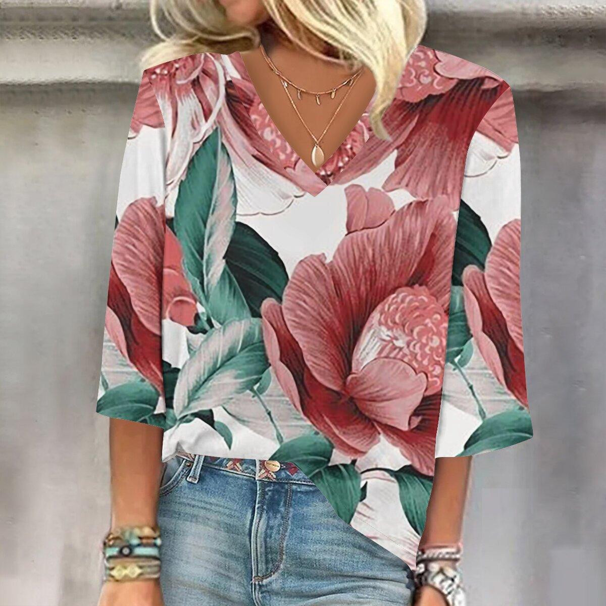 

2023 Sping и осень Новая мода Женский повседневный топ с V-образным вырезом с рукавом 3/4 с принтом