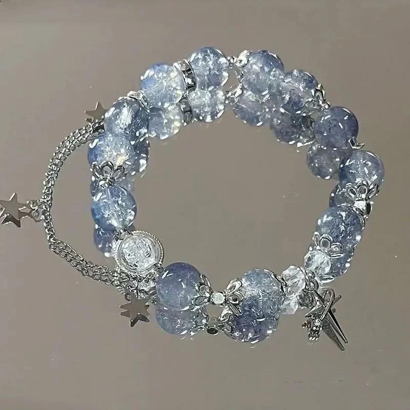 Niche Design Star Chain Tassel Bracelet for Women Fantasy Blue Crystal Beads Elastic Rope Bracelet Best Friend Zircon Gifts