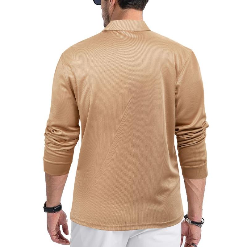 Men White Textured Long Sleeve Polo Shirt with Chest Pocket Casual Business Top