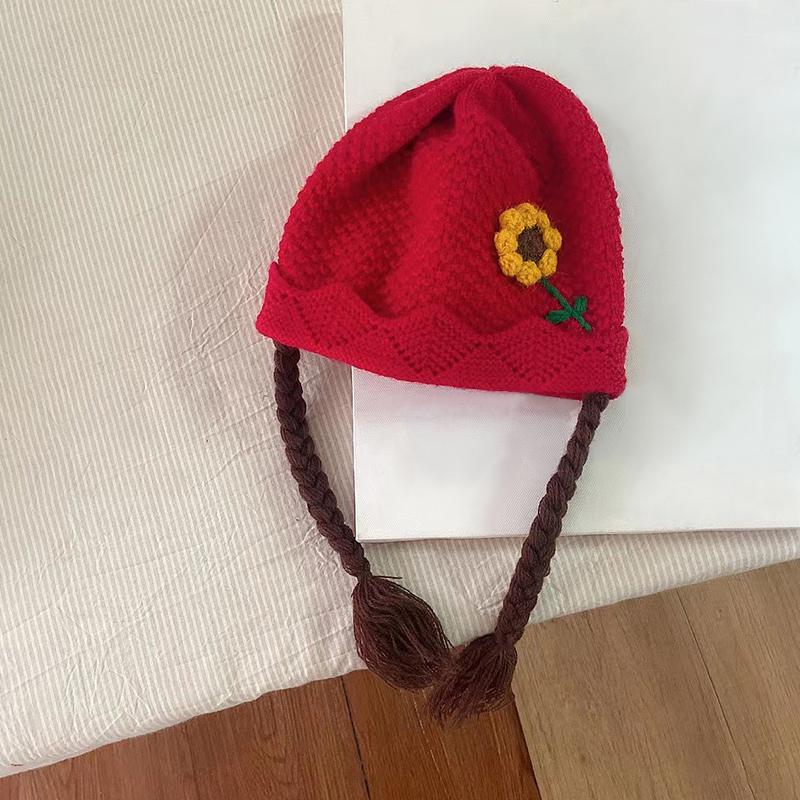 

Детская вязаная шапка, теплая ветрозащитная шапка для защиты ушей, симпатичная шерстяная косичка, детская шапка красный