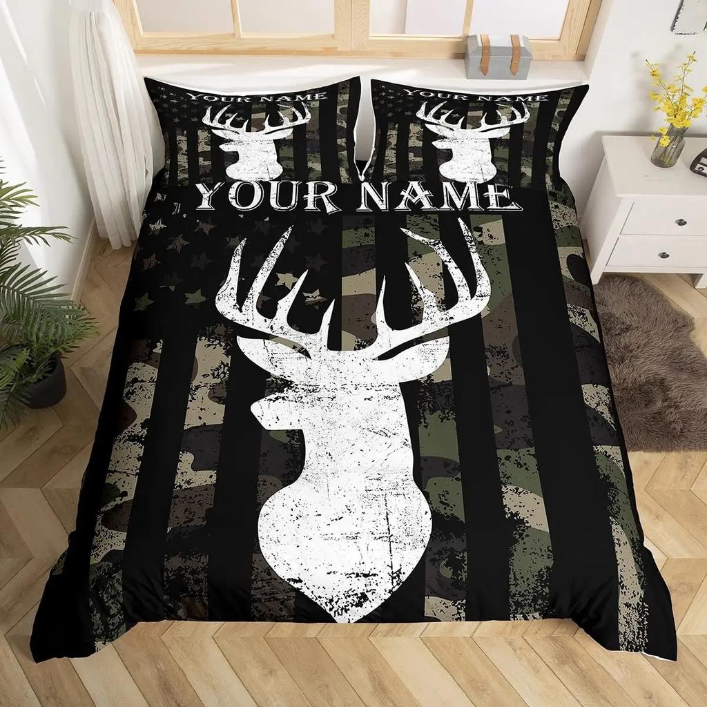 Camo Deer Duvet Cover Set Antlers Arrow Pattern Bedding Set Stripes Gird Camouflage Comforter Cover Microfiber King Quilt Cover