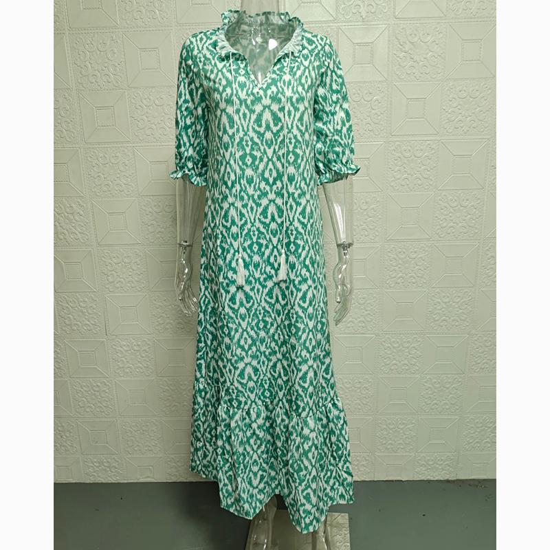 Elegante, lockere, bedruckte Freizeitkleider mit V-Ausschnitt für Damen, übergroßes langärmeliges Kleid für Damen, modisch, elegant, Vintage, Übergröße, Damenkleid 24220