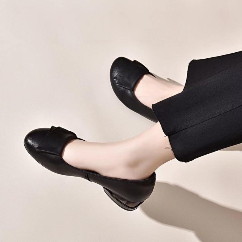 Single Shoes Women Chunky Heeled Mom Shoes Retro Soft Bottom Shallow Mouth Small Leather Shoes