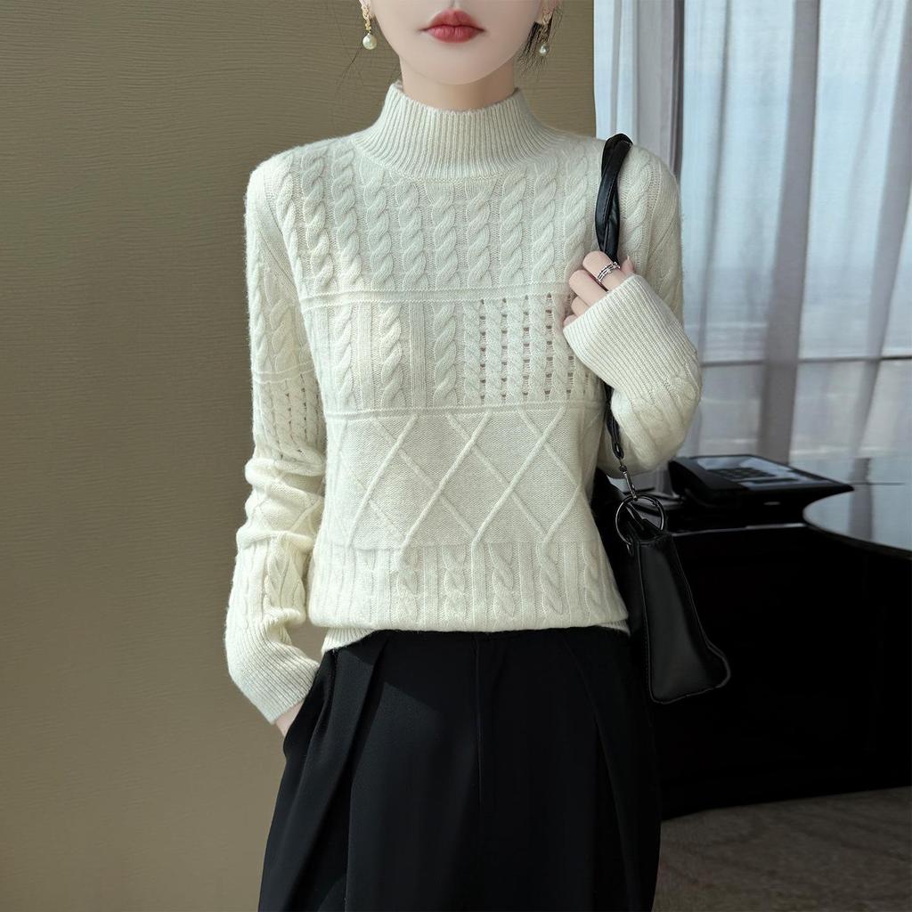 2026 Autumn/Winter Women's Pure Wool Thick Cable Knit Sweater with Half-High Collar and Long Sleeves
