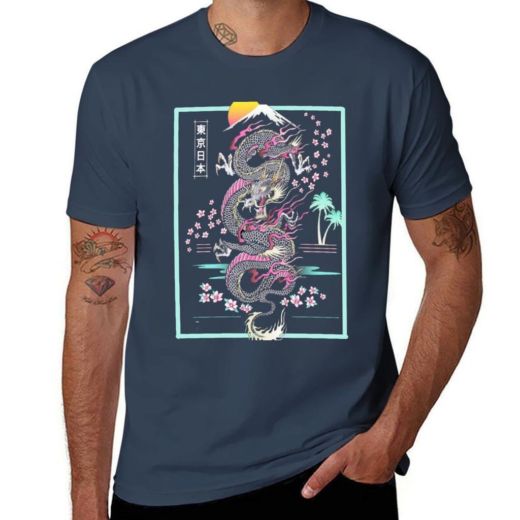 Synthwave Retrowave Japanese Dragon Tshirt Outdoor Work Short Sleeve Top Tshirt