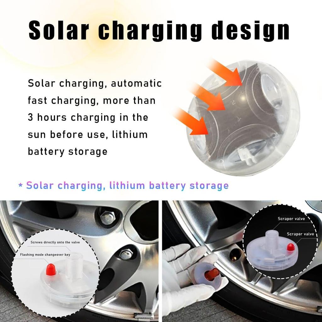 4PCS Car Tire Wheel Lights, Colorful Flashing LED Air Valve Cap Lights With Motion Sensor, Solar Waterproof Tire Light Gas Nozzle For Truck Bike