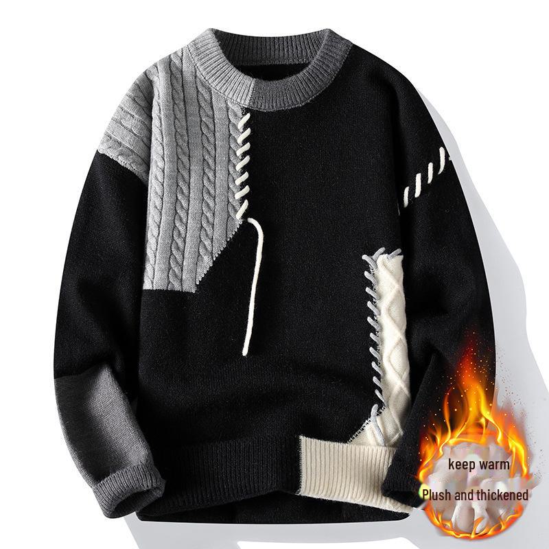 

2023 Autumn/Winter Men s Thick Knit Sweater: Fleece-Lined, Perfect for Layering L