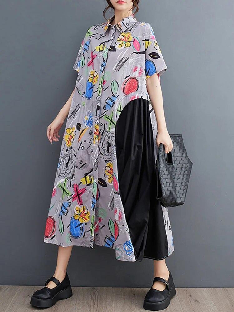 Xitao Loose Patchwork Dress Turn Down Collar Short Sleeve Single Breasted Dress LYD1757