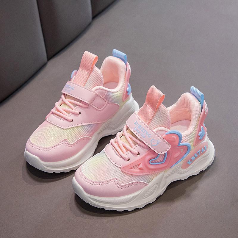 Girls Sports Shoes Kids Running Shoes Pink Breathable Air Mesh Heart Sweet Sneakers Cute Hook & Loop Children's Casual  Shoes