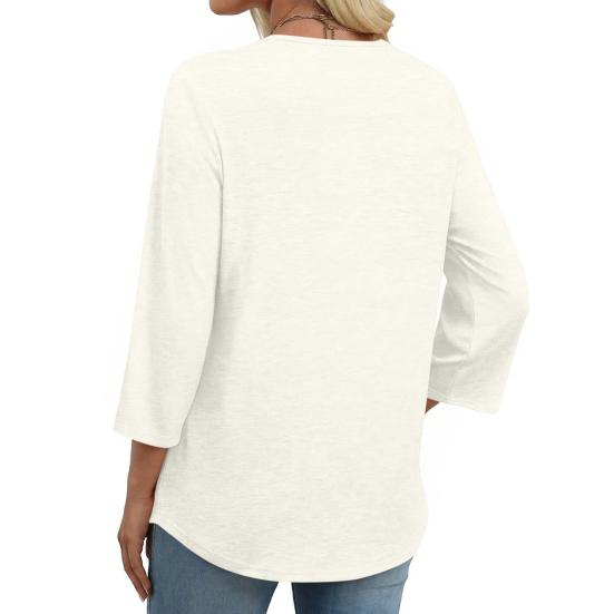 Damen Oberteile Dreiviertelarm V-Ausschnitt T-Shirts mit Hohlstickerei Muster Lockerer Schnitt Freizeitbluse Tägliche Kleidung