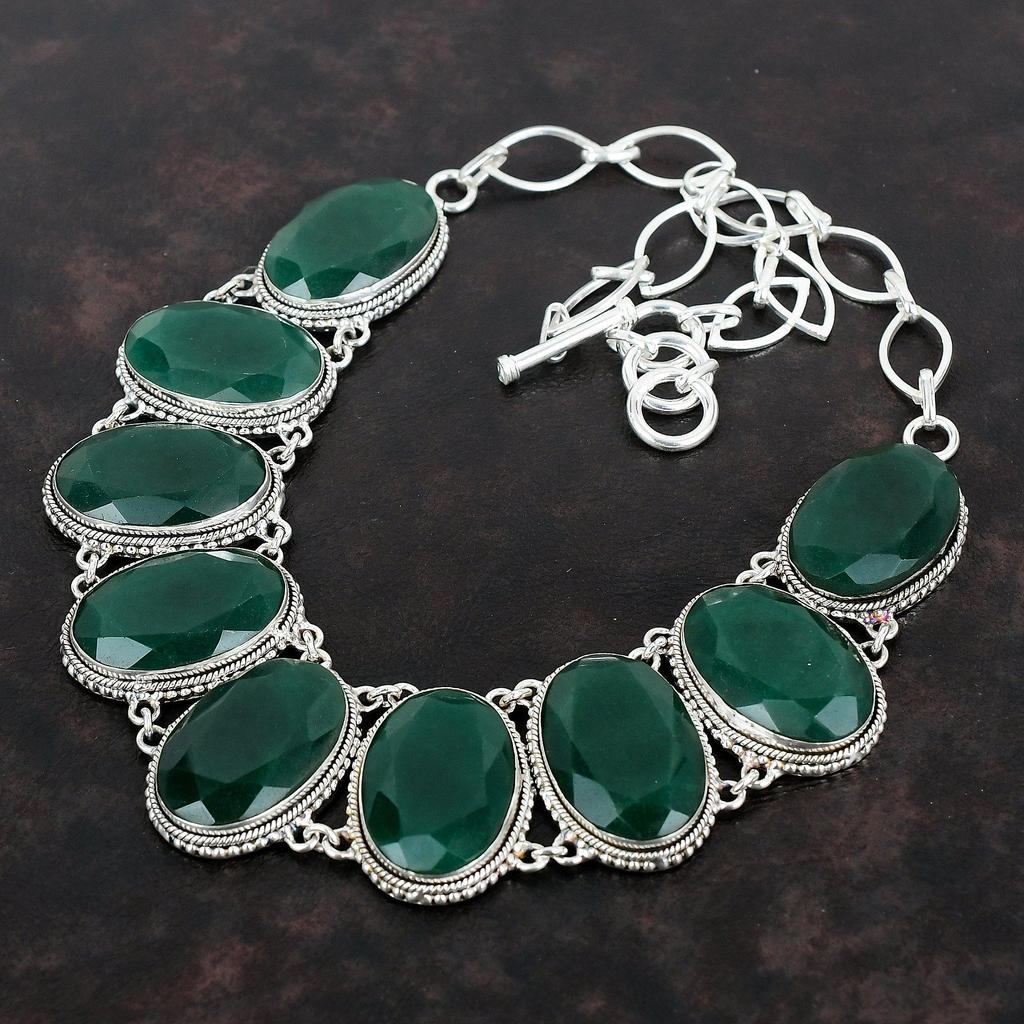 Fasetowany Naszyjnik ze Szmaragdu Zambijskiego Biżuteria z Kamieni Szlachetnych Srebro Próby 925 Regulowany Łańcuszek Ręcznie Robiony Naszyjnik Vintage Prezenty na Zaręczyny