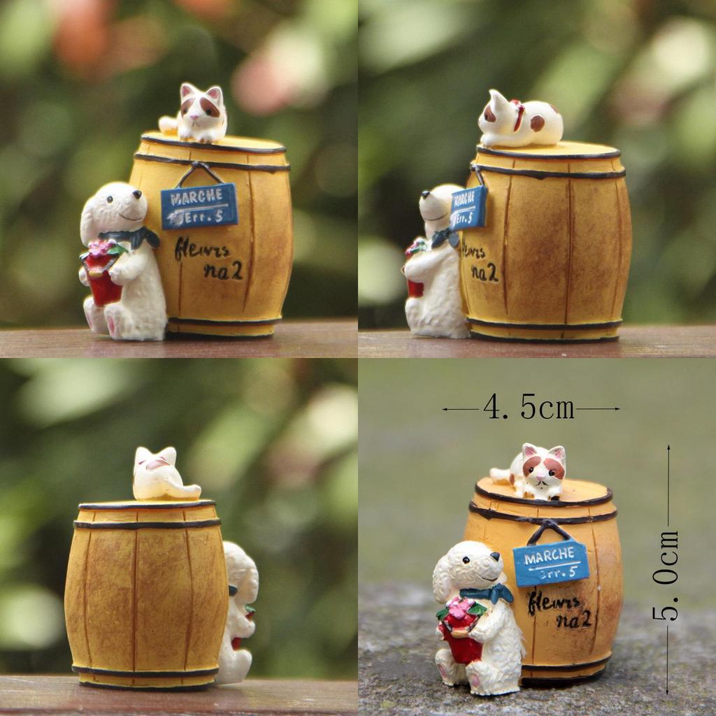 Cartoon Cute Wine Barrel Cat And Dog Mini Model Ornament For Decoration Garden