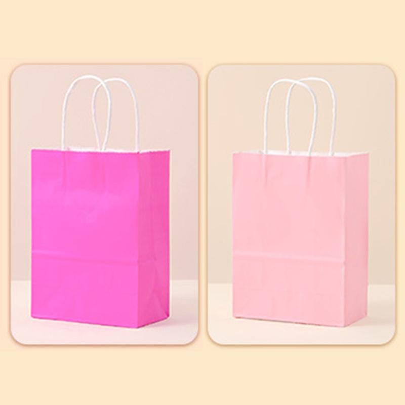 12pcs Kraft Paper Bag with Handle Solid Color Pink Rose Red Party Gift Bags Birthday Gifts Packaging Beverages Storage TMZ