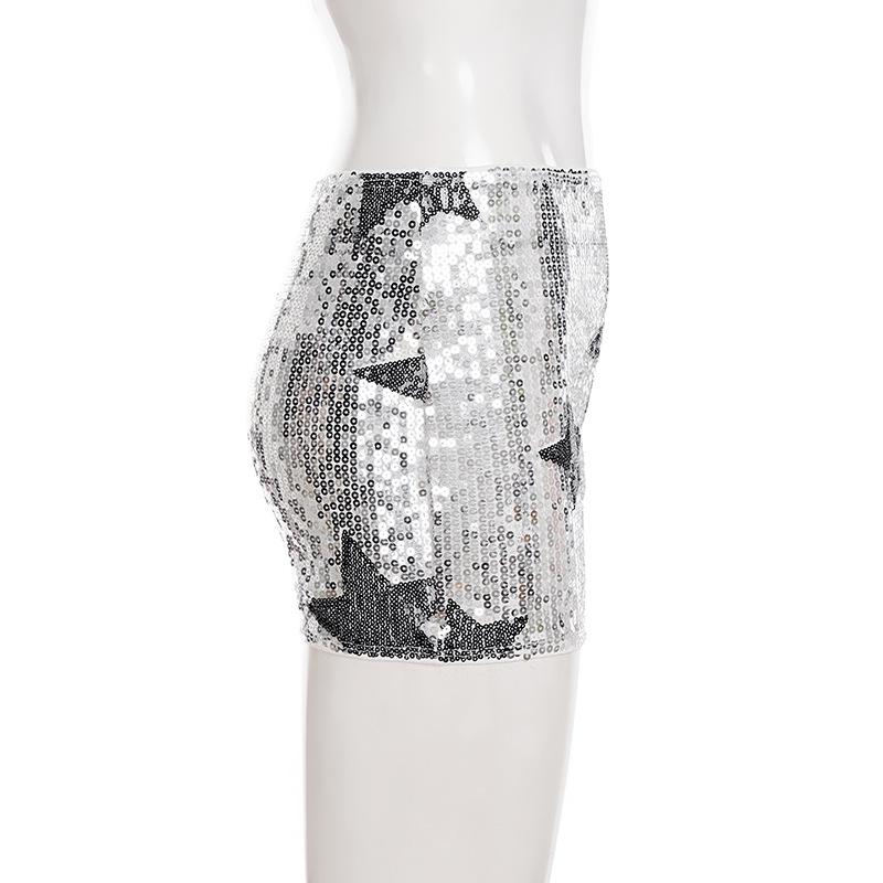 Gonna Mini in Maglia Sexy con Stelle di Paillettes Stile Europeo-Americano a Vita Bassa - Versatile Gonna da Donna per Street Fashion