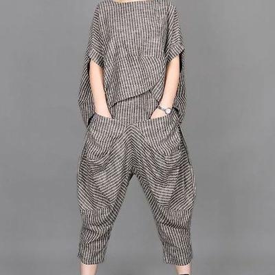Costumes d'été pour femmes, T-shirt à manches courtes à rayures artistiques rétro, haut ample, Knickerbockers, pantalons décontractés, ensembles deux pièces