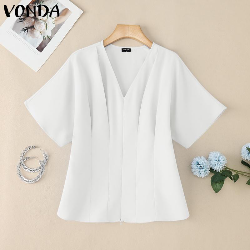 VONDA Women Girls V Collar Short Sleeve Ruffled Slim Waist Casual Blouse