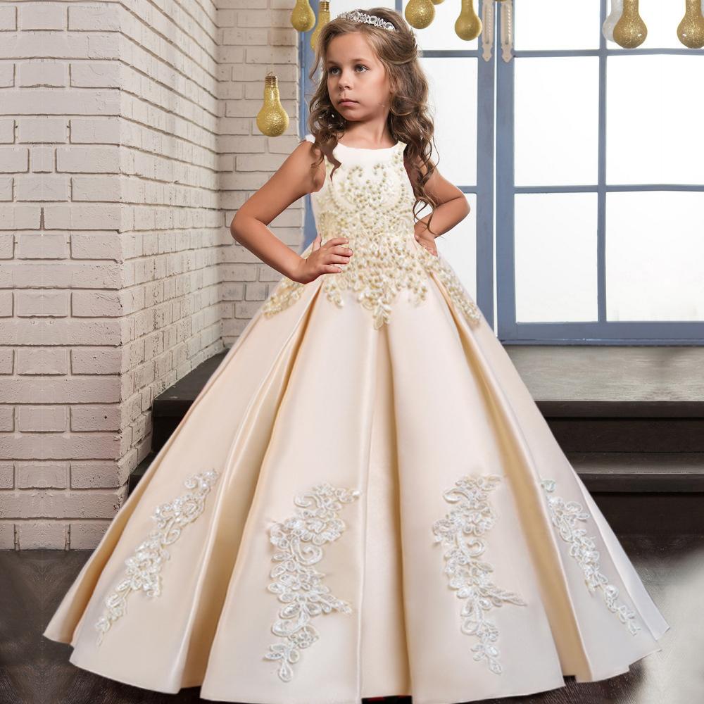 High-end långklänning för flickor Spets Nagel- och pärlklänning Bankett Princess Dress Host Dress