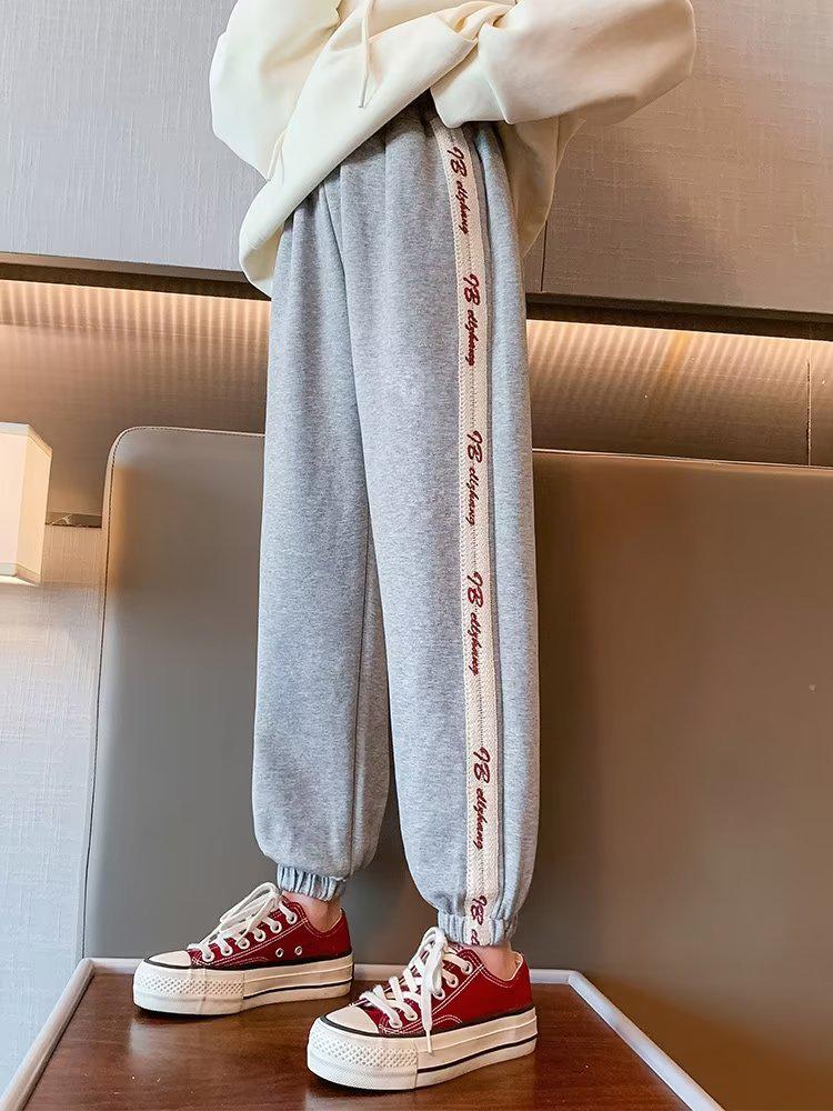 2023 Girls' Plus Velvet Sweatpants: New Autumn/Winter Casual Cuffed Trousers for Middle and Large Children.