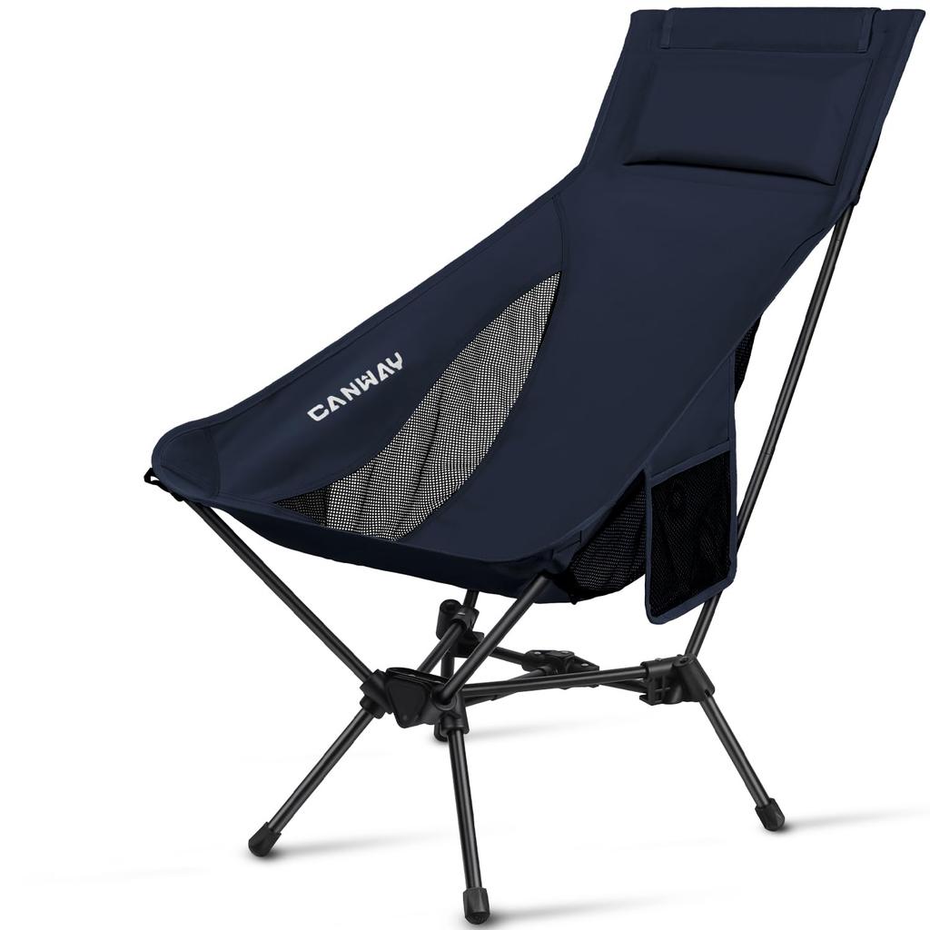 CANWAY Folding High-Back Camping Chair (180 Kg Load, Aluminum Frame, Mesh & Pockets, Navy Blue)