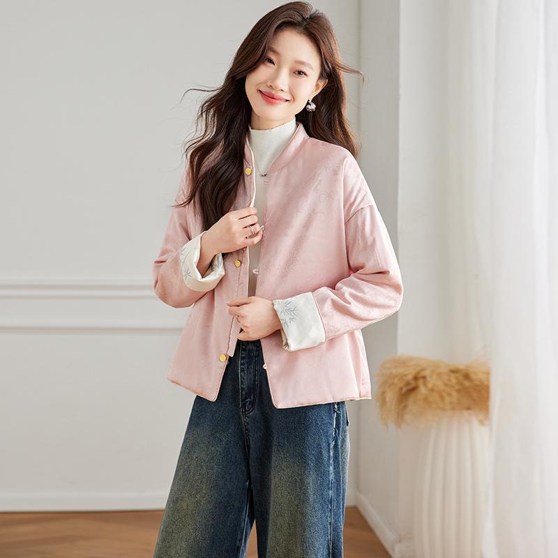 

2024 Women s Double-Sided Quilted Embroidered Coat with Stand-Up Collar M